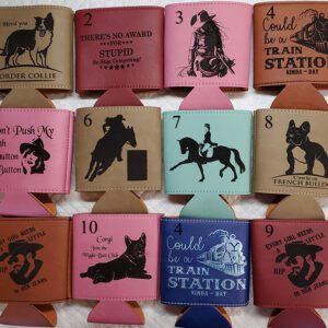 A number of different colored horse themed coozies