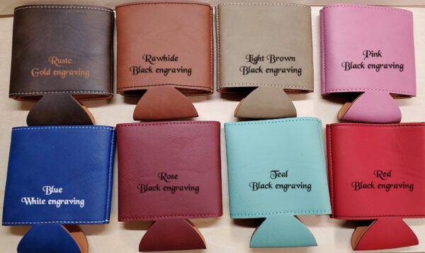 A row of leather koozies with different colors.