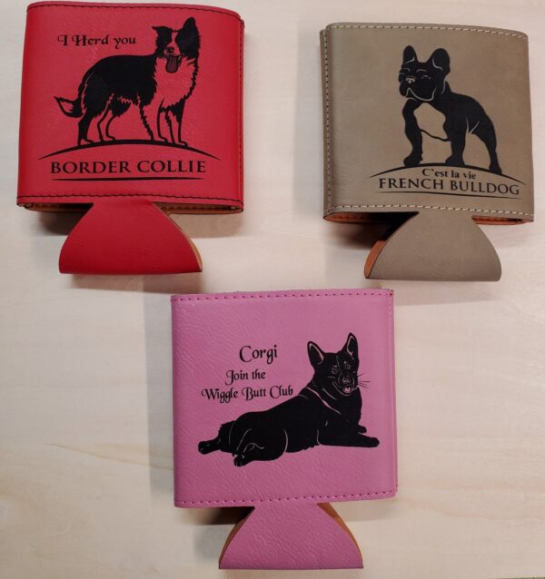 A group of three dog themed drink holders.