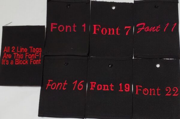A set of eight tags with the letters font 1 and 7.