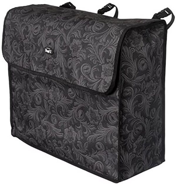 A black bag with a floral pattern on it