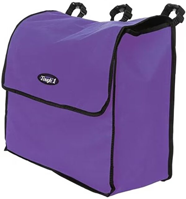 A purple bag with black trim and handles.