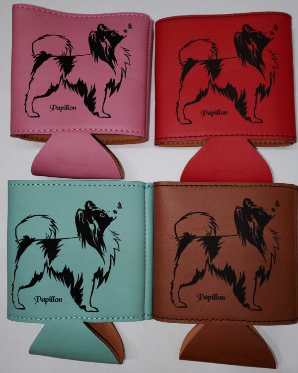 Four different colored koozies with a dog on them.