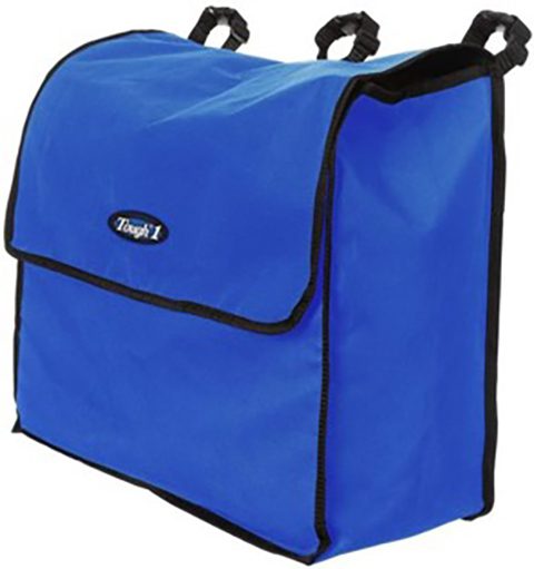 A blue bag with black trim and handles.