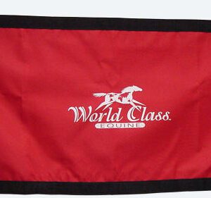 A red bag with the words world class equestrian on it.